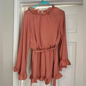 Rose color long sleeve romper with ruffle